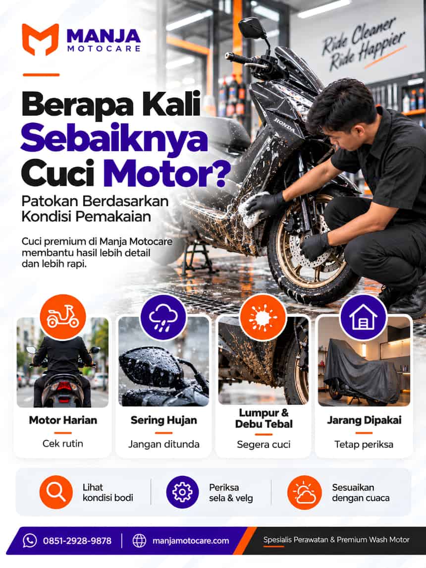 Infografis panduan menentukan berapa kali sebaiknya cuci motor berdasarkan kondisi pemakaian Infografis panduan menentukan berapa kali sebaiknya cuci motor berdasarkan kondisi pemakaian