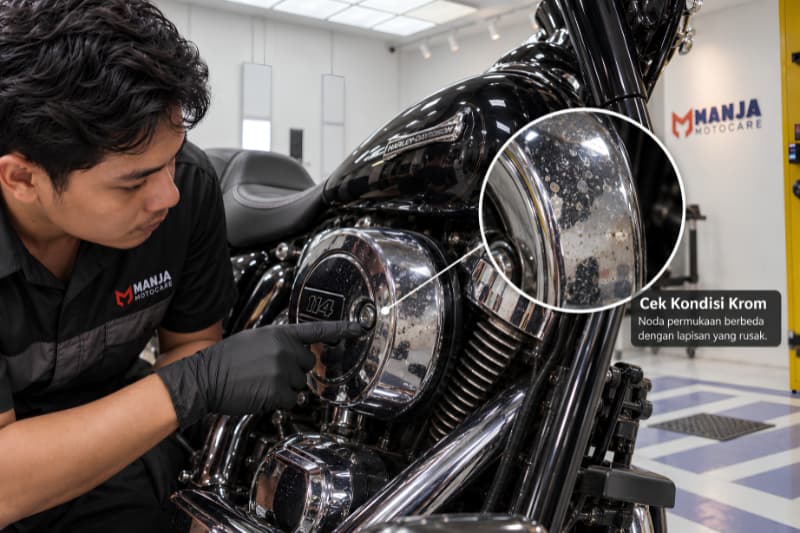 Pemeriksaan kondisi krom motor besar untuk membedakan noda permukaan dan kerusakan yang perlu inspeksi Close-up kondisi krom motor besar untuk membedakan noda ringan dan kerusakan yang perlu inspeksi