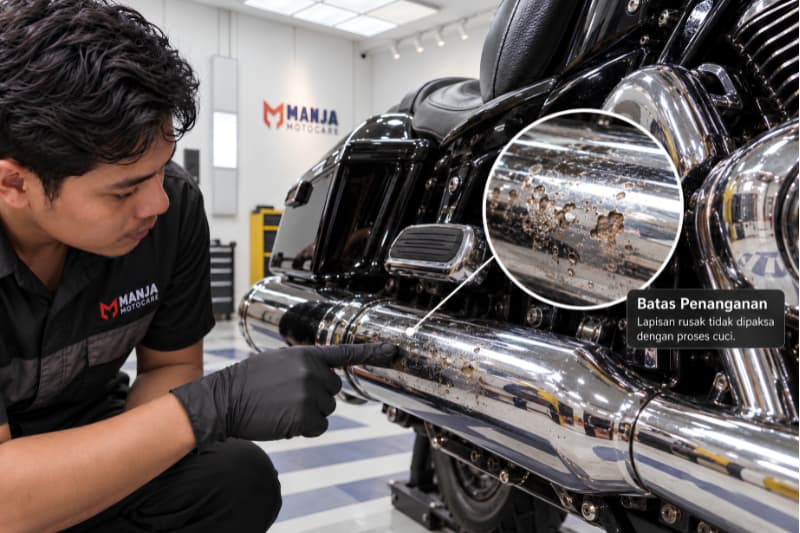 Batas penanganan pada krom motor besar yang tidak boleh dipaksa hanya dengan proses cuci Close-up batas penanganan pada krom motor besar saat proses cuci motor