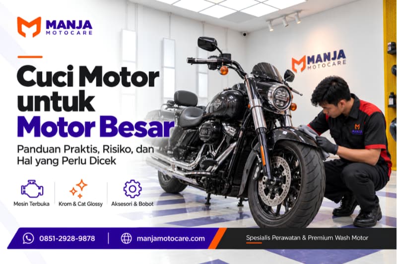 Close-up motor yang menunjukkan kondisi terkait cuci motor untuk motor besar